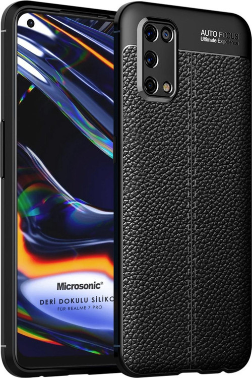 Realme 7 Pro Kılıf Deri Dokulu Silikon Siyah