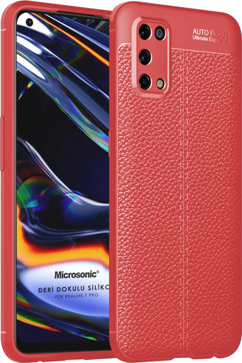 Realme 7 Pro Kılıf Deri Dokulu Silikon Kırmızı