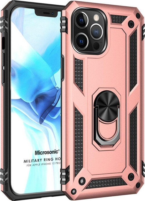 Apple iPhone 12 Pro Kılıf Military Ring Holder Rose Gold