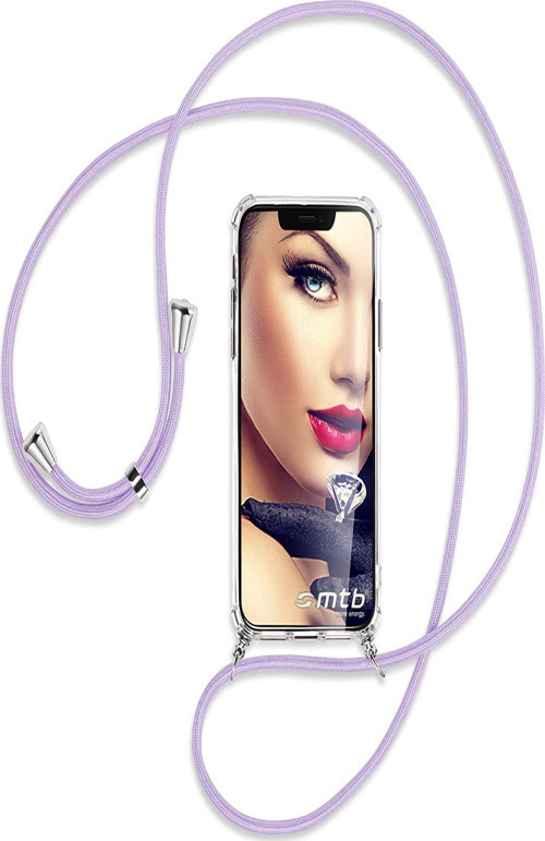 Oppo A15 Kılıf Boyun - Omuz Askılı Köşe Korumalı Lila Ipli Şeffaf Silikon
