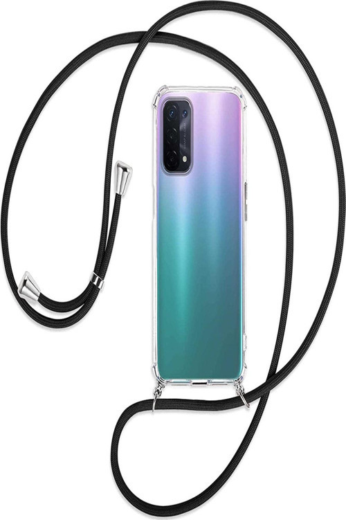Oppo A54 Kılıf Boyun - Omuz Askılı Köşe Korumalı Siyah İpli Şeffaf Silikon