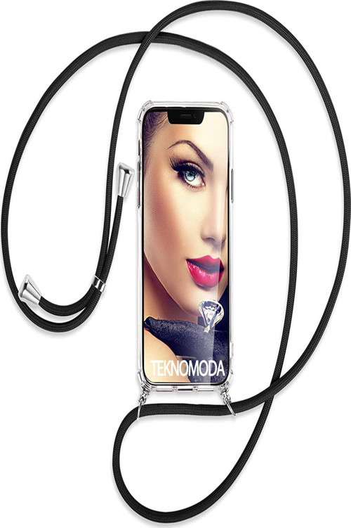 Oppo A73 Kılıf Boyun - Omuz Askılı Köşe Korumalı Siyah Ipli Şeffaf Silikon