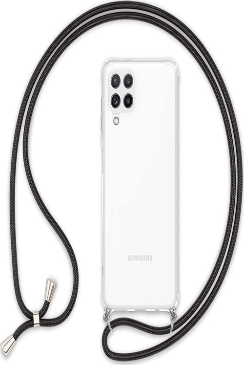 Samsung A22 Kılıf Boyun - Omuz Askılı Köşe Korumalı Siyah Ipli Şeffaf Silikon