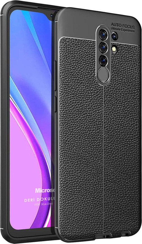 Xiaomi Redmi 9 Kılıf Deri Dokulu Silikon Siyah