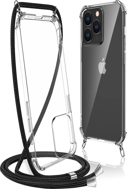 Iphone 13 Pro Max Kılıf Boyun - Omuz Askılı Köşe Korumalı Siyah Ipli Şeffaf Silikon