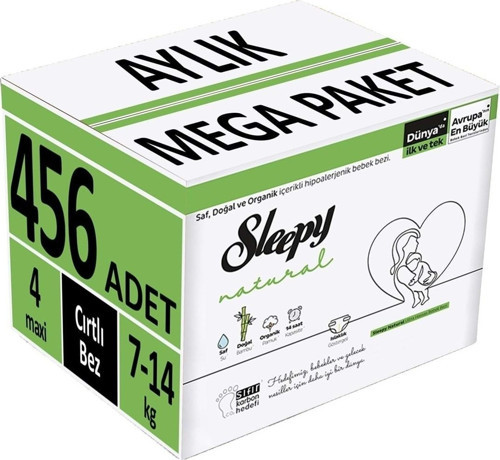 Bebek Bezi Natural Beden:4 (7-14Kg) Maxi 456 Adet Aylık Mega Pk