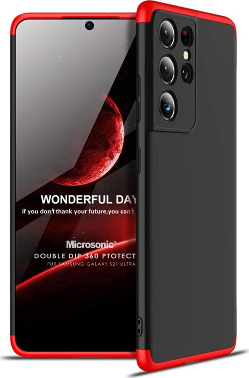 Samsung Galaxy S21 Ultra Kılıf Double Dip 360 Protective Siyah Kırmızı