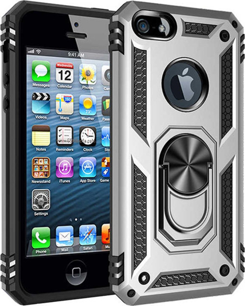 Apple iPhone SE Kılıf Military Ring Holder Gümüş