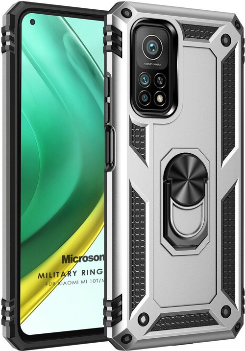 Xiaomi Mi 10T Kılıf Military Ring Holder Gümüş