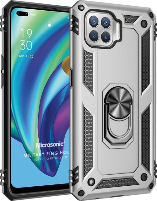 Oppo Reno 4 Lite Kılıf Military Ring Holder Gümüş