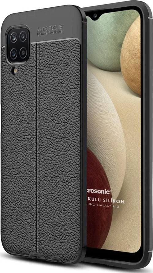 Samsung Galaxy A12 Kılıf Deri Dokulu Silikon Siyah