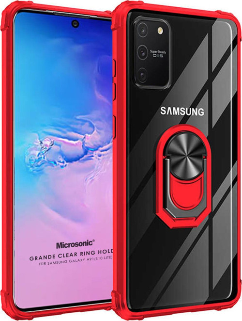 Samsung Galaxy A91 Kılıf Grande Clear Ring Holder Kırmızı