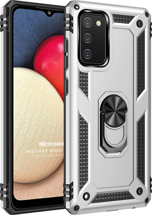 Samsung Galaxy A02s Kılıf Military Ring Holder Gümüş