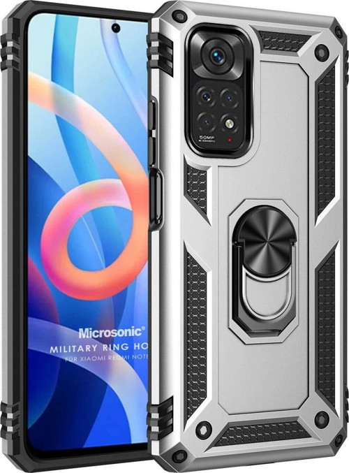 Xiaomi Note 11S Kılıf Military Ring Holder Gümüş