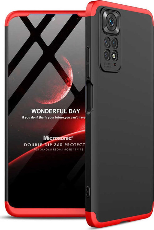 Xiaomi Redmi Note 11 Kılıf Double Dip 360 Protective Siyah Kırmızı