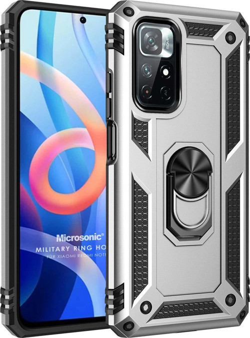 Xiaomi Redmi Note 11 Kılıf Military Ring Holder Gümüş