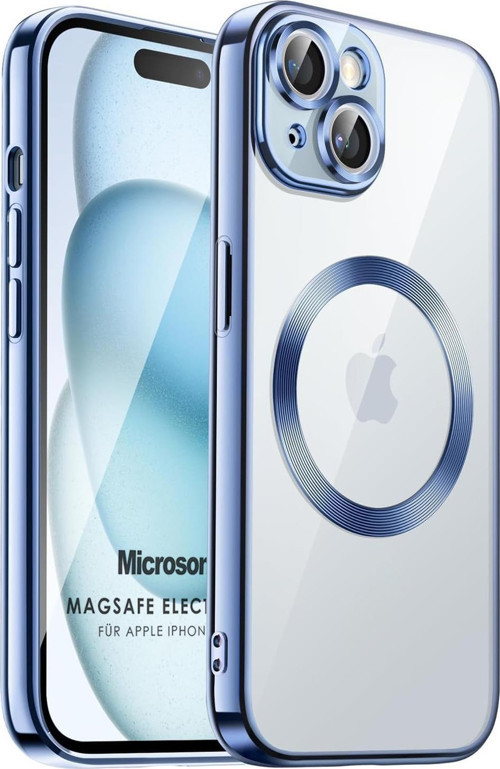 Apple iPhone 15 Plus Kılıf MagSafe Luxury Electroplate Mavi