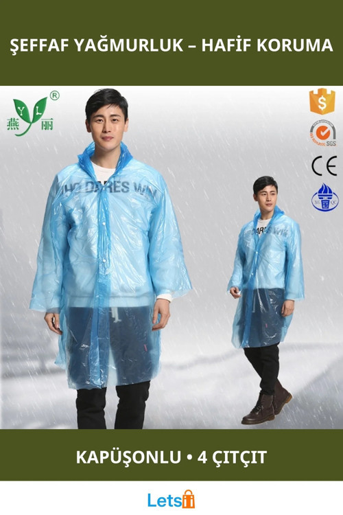 Unisex İnce Şeffaf Yağmurluk Kapüşonlu Dört Çıtçıtlı