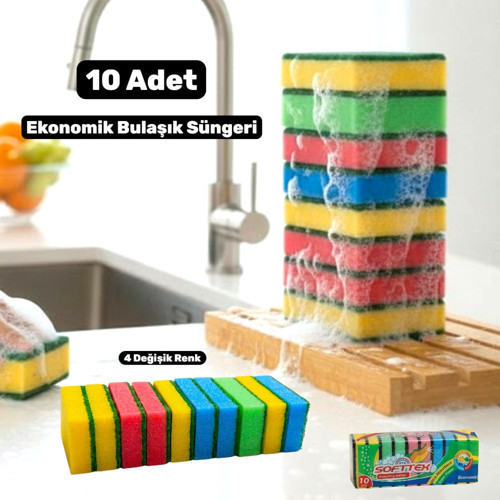 Klasik 9 x 6 cm 4 Renkli Düz Bulaşık Süngeri 10 Adet