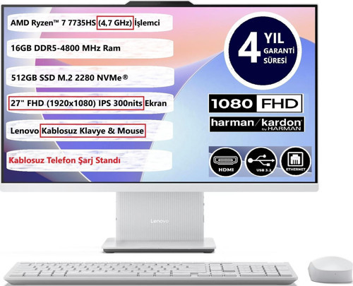 Ideacentre Aıo 27ARR9 R7-7735HS 16GB 512GB SSD 27 Fhd IPS Freedos 27" Aıo Bilgisayar F0HQ008GTR 4 Yıl Garantı
