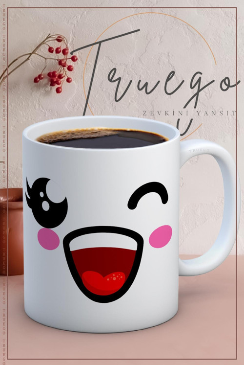 Baskılı Kupa Bardak Seramik Mug - Çok Mutlu Emoji