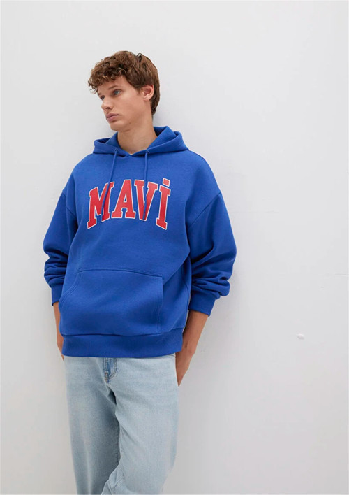 Mavı M067149-70907 Derın Denız Mavı Erkek Mavı Logo Baskılı Kapusonlu Oversıze Sweatshırt