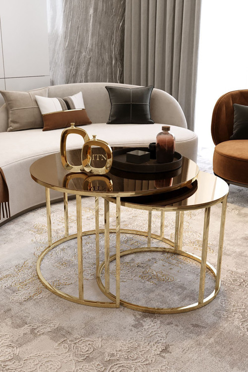 Yavrulu 1+1 Orta Sehpa Gold Ayak Bronz Ayna