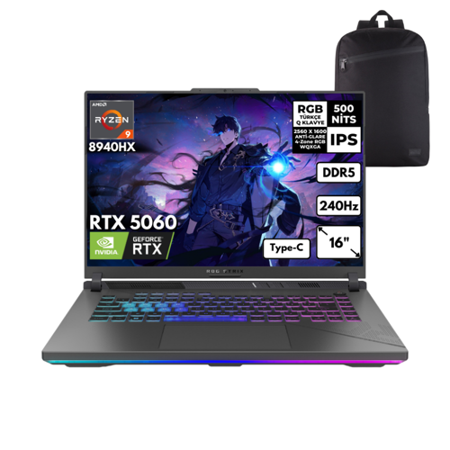 ROG Strix G16 Ryzen9-8940HX 16-GBDDR5 4 TBSSD RTX5060 (8GB-GDDR7) 16" WQXGA 240Hz Win 11 Home + S.Çantası G614PM-S5062HMF41
