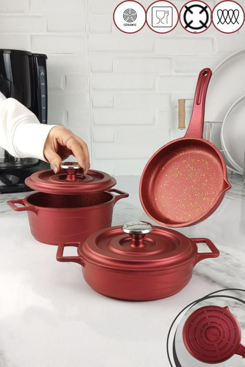 Oms 3’lü Mini Döküm Tencere Seti Kırmızı – 3720 – 3721 – 3722 C1-1-71