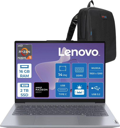 Thinkbook 14 G7 Ryzen 5 7535HS 16GB 2tb SSD Amd Radeon 660M 14" Wuxga IPS 300NITS Freedos Taşınabilir Bilgisayar 21MV001ATRF03 + Zettaçanta