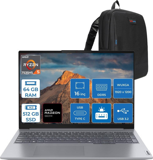Thinkbook 16 G7 Ryzen 5 7535HS 64GB Ddr5 512GB SSD Amd Radeon 660M 16" Wuxga IPS 300NITS Windows 11 Home Taşınabilir Bilgisayar 21MW000PTRH21 + Zettaçanta