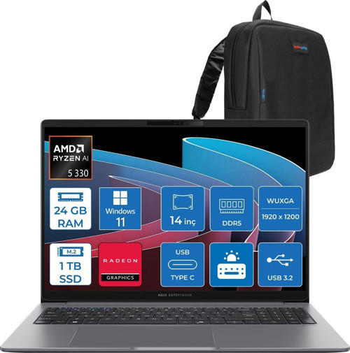 Expertbook P3 PM3406CKA Ryzen Aı 5-330 24GB Ddr5 1tb SSD Radeon 820M 14.0-Inch, Wuxga (1920 x 1200) 300NITS WIN11HOME Taşınabilir Bilgisayar PM3406CKA5H03+ZETTAÇANTA