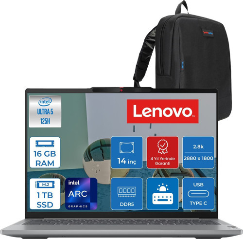 Ideapad Pro 5 Intel Ultra 5 125H 16GB 1tb SSD Arc Graphi 14" 2.8k (2880X1800) OLED 400NITS 120hz Freedos Taşınabilir Bilgisayar 83D2005ATRF02 + Zettaçanta