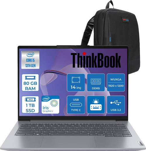 Thinkbook 14 G6 Irl Intel Core I5 1335U 80GB Ddr5 1tb SSD Intel Iris Xe Graphics 14" Wuxga IPS 300NITS Freedos Taşınabilir Bilgisayar 21KG00Y5TRF22 + Zettaçanta