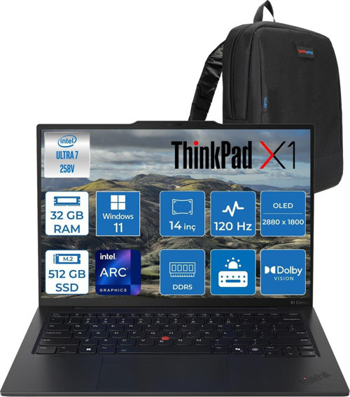 Thinkpad X1 5g Lte Carbon G13 Aura Edition Intel Core Ultra 7 258V 32GB Ddr5 512GB SSD Intel Arc 140V 14" 2.8k (2880X1800) OLED 500NITS 120hz W11P Premium Bilgisayar 21NS004MTXP09 + Zettaçanta