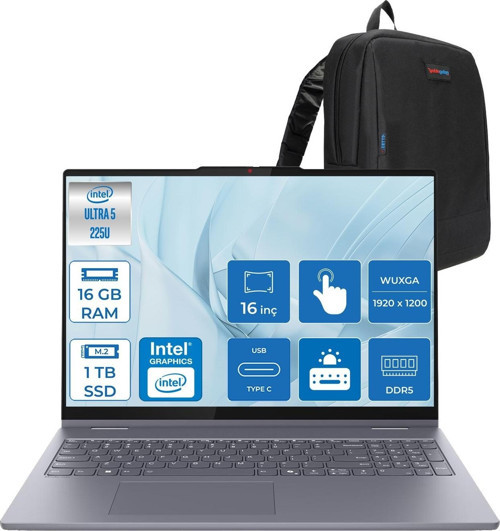 Ideapad 5 2-In-1 16AIL10 Intel Core Ultra 5 225U Aı 16GB 1tb SSD 16" Wuxga IPS 300NITS Freedos Dokunmatik +Lenovo® Digital Pen2 Bilgisayarr 83KS0005TRF03+ZETTAÇANTA