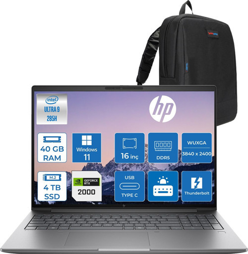 Zbook x G1I Ultra 9 285H 40GB Ddr5 4tb SSD 8GB/RTXPRO2000 16" Wuxga Düşük Mavi Işık 300NIT %100 Srgb Windows 11 Pro Taşınabilir Iş Istasyonu CT0X0ESP16 + Zettaçanta