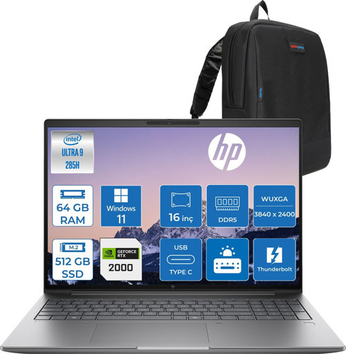 Zbook x G1I Ultra 9 285H 64GB Ddr5 512GB SSD 8GB/RTXPRO2000 16" Wuxga Düşük Mavi Işık 300NIT %100 Srgb Windows 11 Pro Taşınabilir Iş Istasyonu CT0X0ESP21 + Zettaçanta