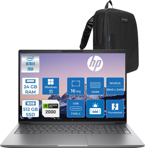 Zbook x G1I Ultra 9 285H 24GB Ddr5 512GB SSD 8GB/RTXPRO2000 16" Wuxga Düşük Mavi Işık 300NIT %100 Srgb Windows 11 Pro Taşınabilir Iş Istasyonu CT0X0ESP05 + Zettaçanta