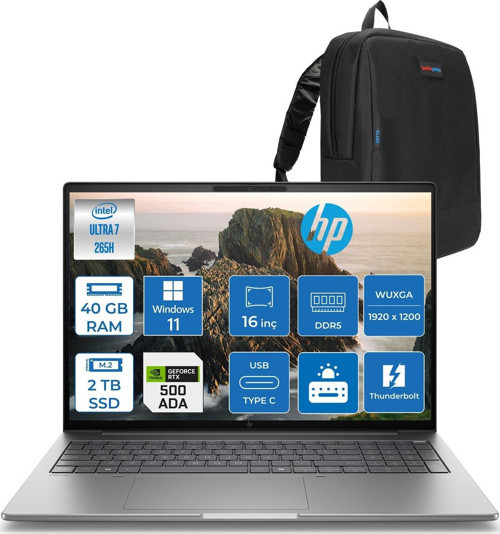 Zbook 8 G1I Ultra 7 265H 40GB Ddr5 2tb SSD 4GB/RTXA500 16" Wuxga Düşük Mavi Işık 400NIT %100 Srgb Windows 11 Pro Taşınabilir Iş Istasyonu B30HHESP15 + Zettaçanta