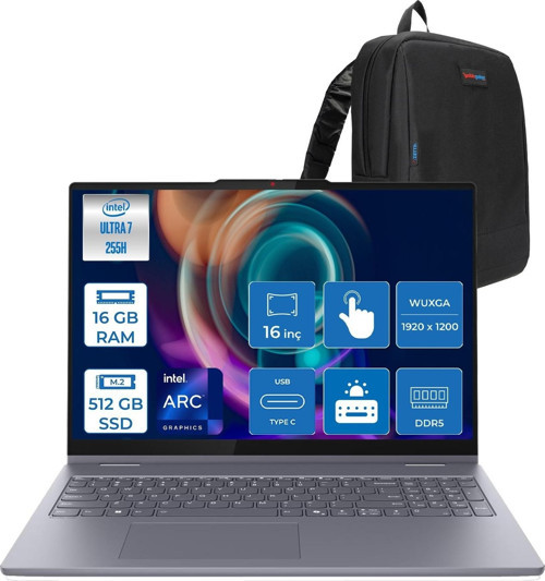 Ideapad 5 2-In-1 16AIL10 Intel Core Ultra 7 255H Aı 16GB 512GB SSD 16" Wuxga IPS 300NITS Intel® Arc™ 140T Freedos Dokunmatik +Digital Pen2 Taşınabilir Bil 83KS002ATRF02+ZETTAÇANTA