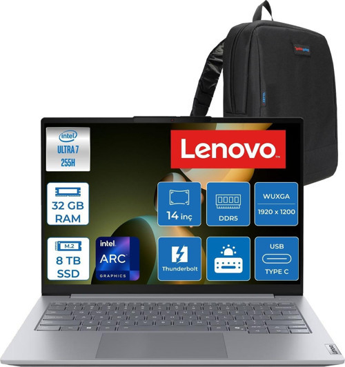 Thinkbook 14 Gen8 Ial Intel Core Ultra 7 255H 5.1ghz 32GB Ddr5 8tb SSD Freedos Intel Arc 140T 14 Inç Wuxga (1920 x 1200) IPS 300NITS Taşınabilir Bilgisayar 21SJ007ATXF21 + Zetta Çanta