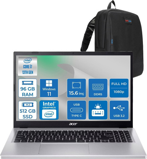 Acer Aspire Go 15 Intel Core I7-13620H Ddr5 96GB 512GB SSD Windows 11 Pro Intel UHD Graphics 15,6" Fhd (1920 x 1080) IPS Taşınabilir Bilgisayar NXJ6SEY001P37 + Zetta Çanta