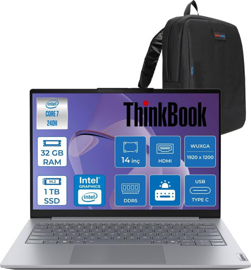 Thinkbook 14 G8 Irl Intel Core 7 240H 32GB Ddr5 1tb SSD Intel Graphics 14" Wuxga IPS 300NITS 60Hz Freedos Taşınabilir Bilgisayar 21SG008LTXF10 + Zettaçanta