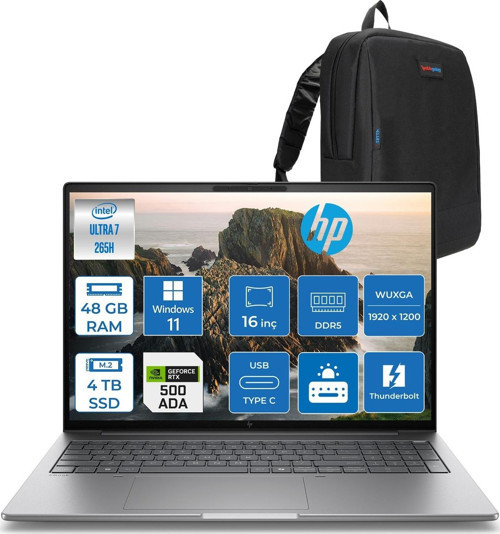 Zbook 8 G1I Ultra 7 265H 48GB Ddr5 4tb SSD 4GB/RTXA500 16" Wuxga Düşük Mavi Işık 400NIT %100 Srgb Windows 11 Pro Taşınabilir Iş Istasyonu B30HHESP20 + Zettaçanta