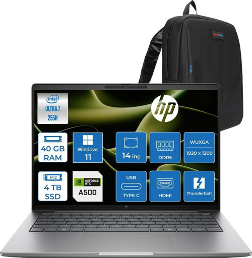 Zbook 8 G1I Intel Core Ultra 7 255H 40GB Ddr5 4tb SSD 4GB/RTXA500 14" Wuxga Düşük Mavi Işık 300NIT %62,5 Srgb Windows 11 Pro Taşınabilir Iş Istasyonu B30HBESP16 + Zettaçanta