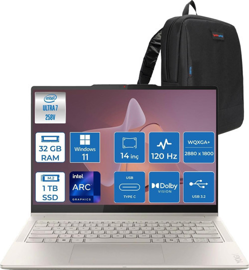 Yoga 7 2-In-1 14ILL10 Intel Core Ultra 7 258V 32GB 1tb SSD Windows 11 Pro Intel Arc 140V OLED 1100NITS 14" Wqxga+ (2880X1800) 120HZ Dokunmatik 83JQ005LTRP03 + Yoga Kalem + Zetta Çanta