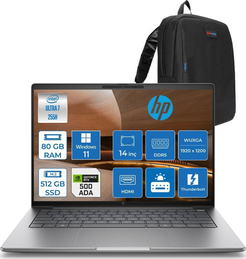 Zbook 8 G1I Ultra 7 255H 80GB Ddr5 512GB SSD 4GB/RTXA500 14" Wuxga IPS 400NITS 100% Srgb Windows 11 Pro Taşınabilir Iş Istasyonu A3ZW7ETP21 + Zettaçanta