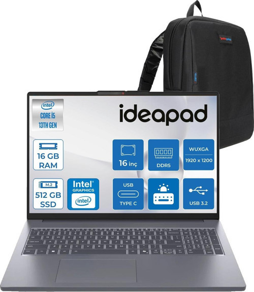 Ideapad Slim 3 16IRH10 Intel Core I5 13420H 16GB 512GB SSD Freedos 16" Wuxga (1920X1200) IPS 300NITS Taşınabilir Bilgisayar IP83K20077TRF02 + Zetta Çanta
