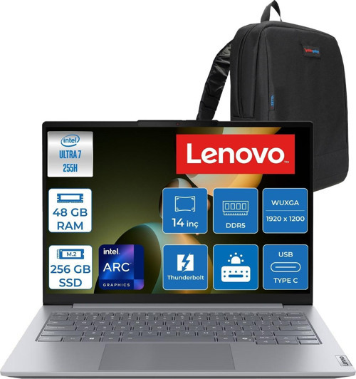 Thinkbook 14 Gen8 Ial Intel Core Ultra 7 255H 5.1ghz 48GB Ddr5 256GB SSD Freedos Intel Arc 140T 14 Inç Wuxga (1920 x 1200) IPS 300NITS Taşınabilir Bilgisayar 21SJ007ATXF29 + Zetta Çanta